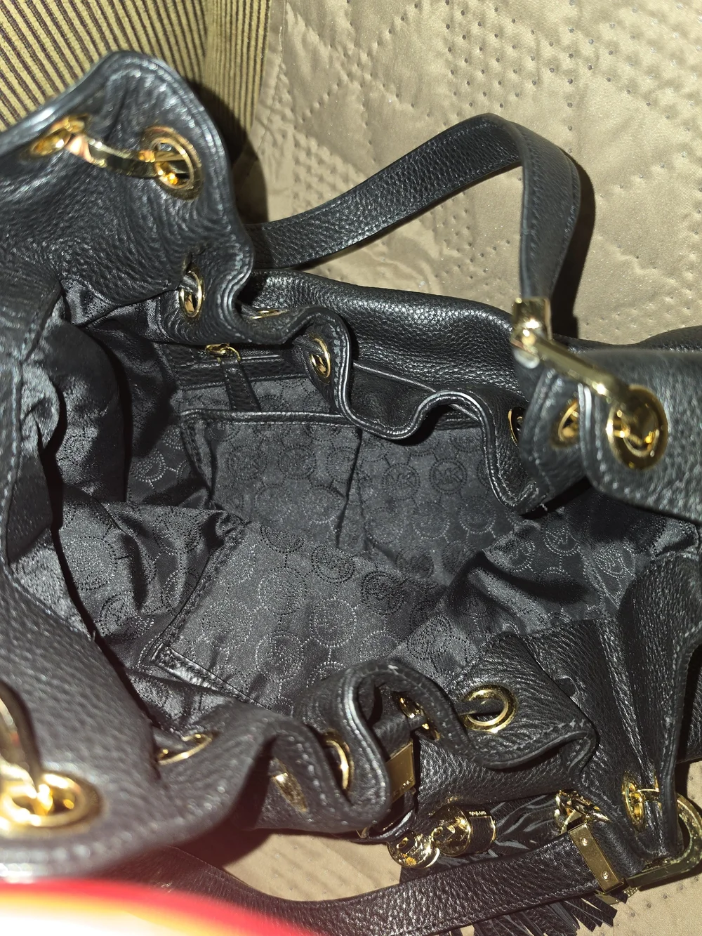 Michael Kors Black Pebbled Leather Shoulder Tote with Gold Hardware